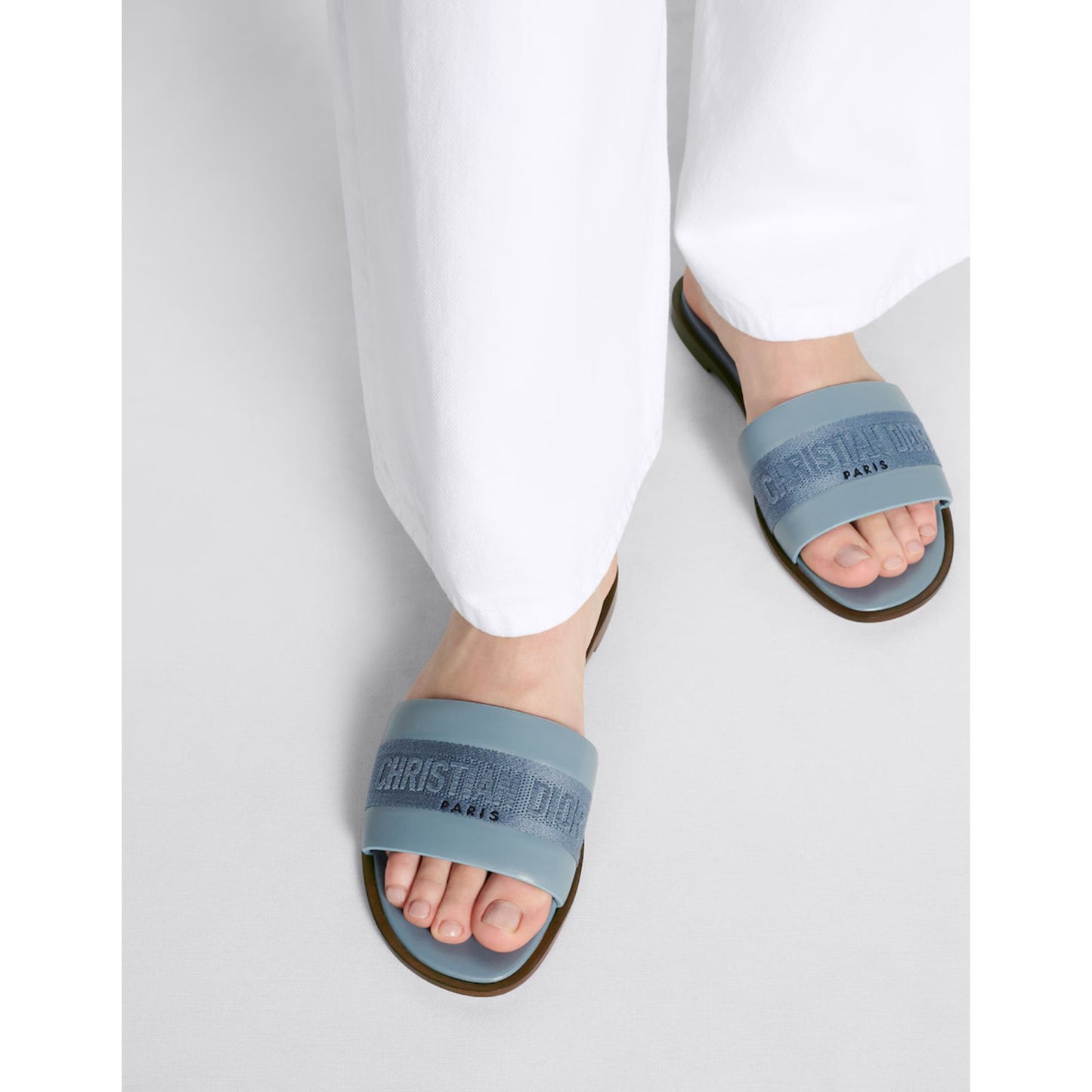 Dway Slide Pastel Blue Calfskin and Embroidered Cotton