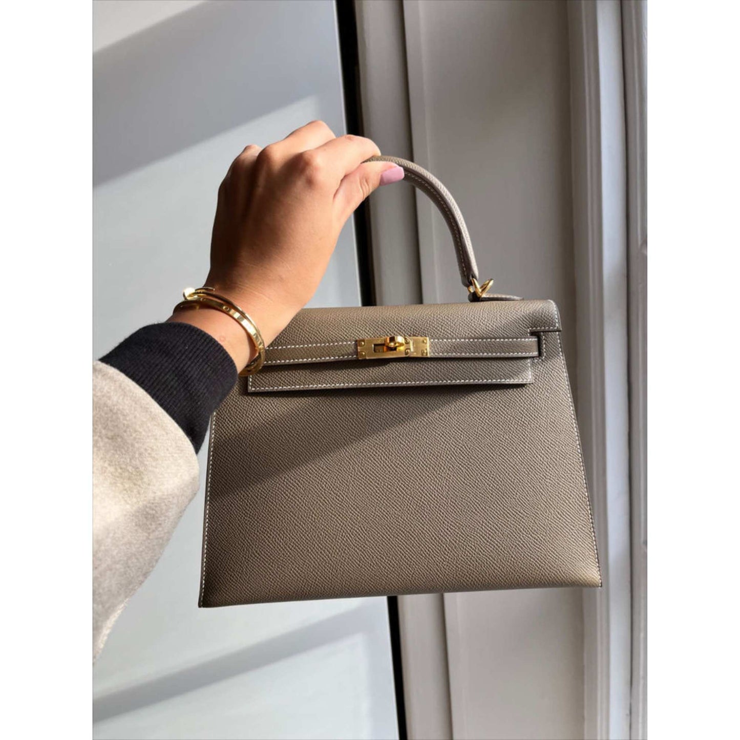 Kelly 25 Epsom Etoupe Gold Hardware